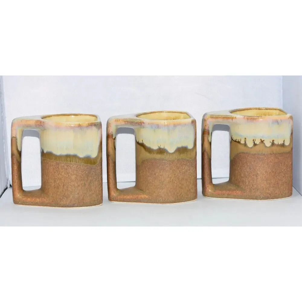 Mid-Century Rodolfo Padilla Drip Glaze Pottery Coffee Mugs 3pc Coffee Mug Set